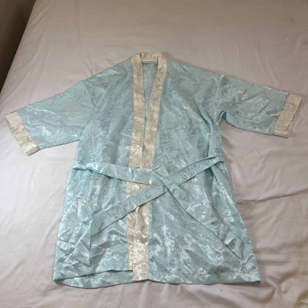 Erika Taylor‎ Intimates Robe Embroidered Flowers Size Small Blue White Short